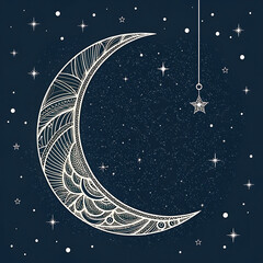 Naklejka premium Ornate crescent moon with hanging star in a starry night sky