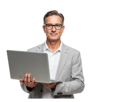 Confident middle aged businessman wearing glasses holding a laptop computer isolated on transparent background