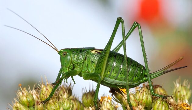 Close-up of a vibrant green grasshopper perched on tiny plants