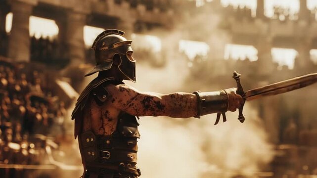 Roman Gladiator raising sword in Colosseum dust 4K Videos