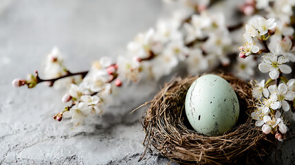 Obraz premium Easter Nest with Pastel Egg on Stone Table - White Blossom Branch, No Text, 8K UHD Realistic Scene