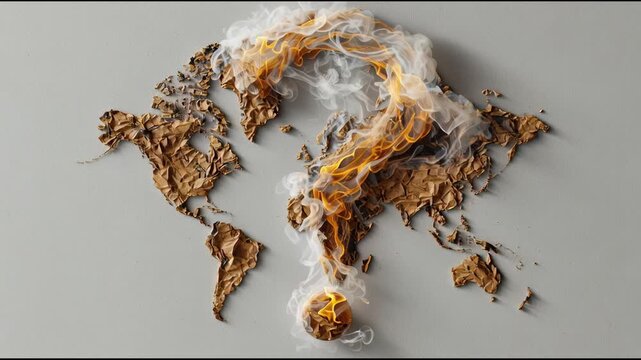 Global Inflation Forecast Concept. Burning map with question mark shape indicates uncertainty in international economic conditions.