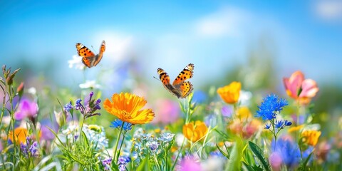 A bright and colorful spring meadow where butterflies flutter over blooming wildflowers