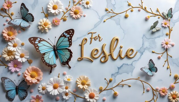 A collection of images featuring the name "Leslie" in a decorative, golden script, surrounded by various butterflies and floral elements against a soft, light-colored background.