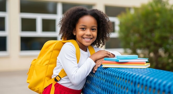 Joyful young student with bright yellow backpack and books ready for school - Powered by Adobe