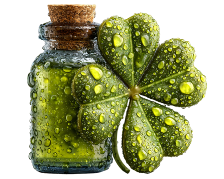 Glass Bottle with Green Oil and Fresh Four Leaf Clover Leaf