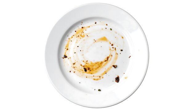 Conceptual close-up of an empty white ceramic plate with leftover food after the meal