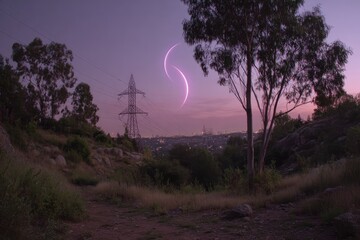 Twilight cityscape view, crescent moon, power lines