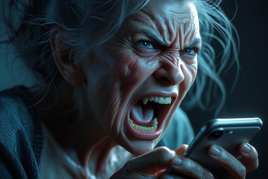 Angry Elderly Woman Yelling at Smartphone &ndash; Hyperrealistic Conceptual Portrait