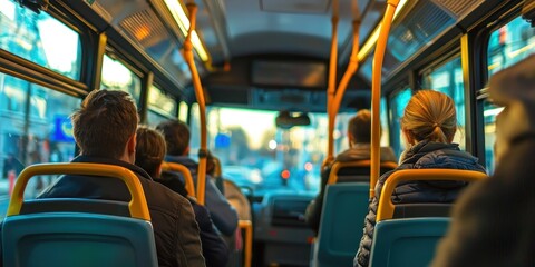 Obraz premium A busy metropolitan bus with passengers enjoying the urban view from their seats
