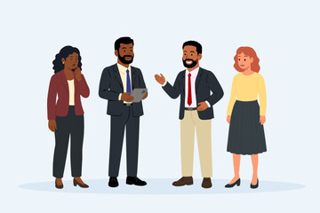 Business Team Discussion . Vector cartoon illustration in a flat style of business people standing and talking to each other with a tablet computer. Isolated from background.