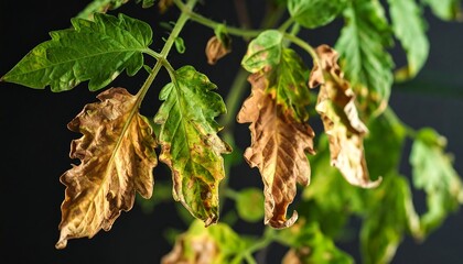 Close-up of diseased tomato plant leaves showing browning and yellowing.