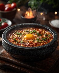 Steaming hot bowl of spicy ramen.  A dark, speckled stone pot holds a rich, flavorful broth topped with noodles, savory meat, and a sunny-side-up egg yolk.  