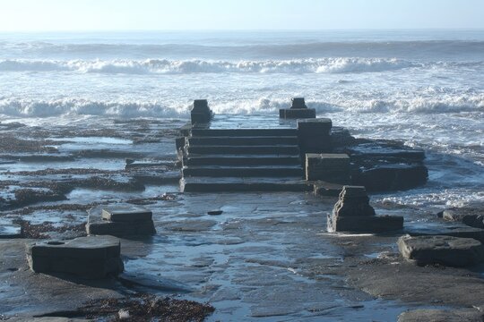Ocean steps receding into a misty shore