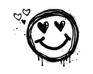 Smiling face emoticon character. Spray painted graffiti smile face with love in black over white. isolated on white background. vector illustration