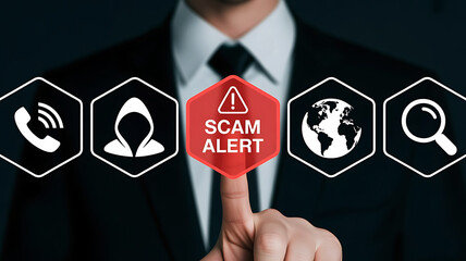 Finger pointing at a red scam alert sign surrounded by icons representing phone calls fraud and internet security
