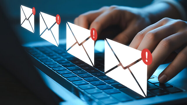 Hands typing on a laptop keyboard with a stream of digital envelopes appearing as notifications - Powered by Adobe