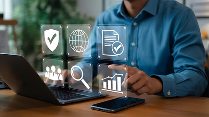 Businessman interacting with digital interface displaying security data analysis and compliance icons on a desk