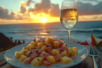 Sunset ocean view with a plate of fresh seafood salad and wine