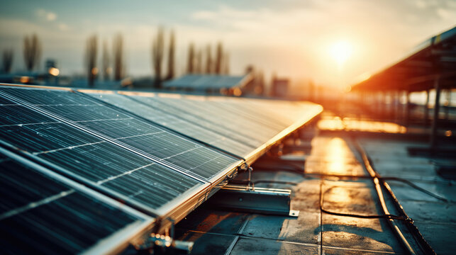 Solar panels on rooftop at sunset with visible wiring