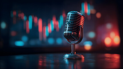 Vintage microphone captures attention against dynamic financial market data in dramatic lighting for powerful storytelling.