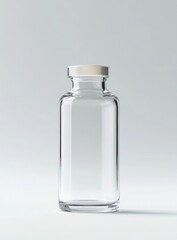 A clear glass vial with a white cap sits upright on a white surface against a light gray background