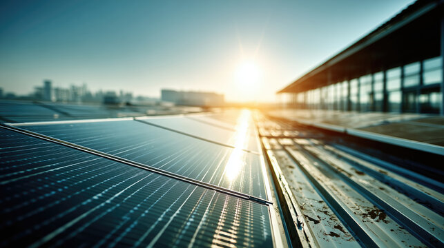 Solar panels on factory rooftop in bright sunlight - Powered by Adobe