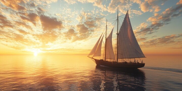 A classic schooner with full sails moving toward a breathtaking ocean sunset