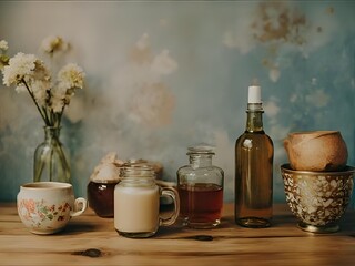 A vintage film-like still-life painting with perfume and flowers
