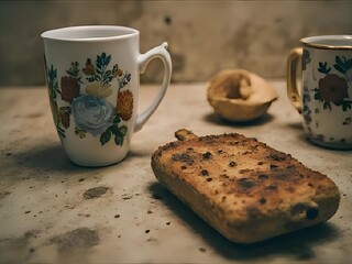 A vintage film-like background with a cup of coffee and bread