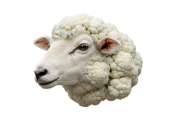 Unique surreal sheep head with cauliflower for wool, creative food art, isolated on black background