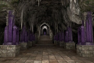 Dark, cavernous hall with purple pillars