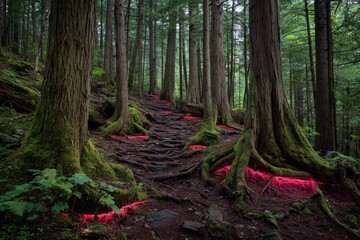 Forest path marked by red string, moss-covered trees