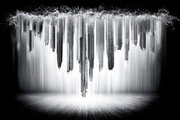 City silhouettes cascade in a surreal waterfall of light, descending from an unseen upper realm