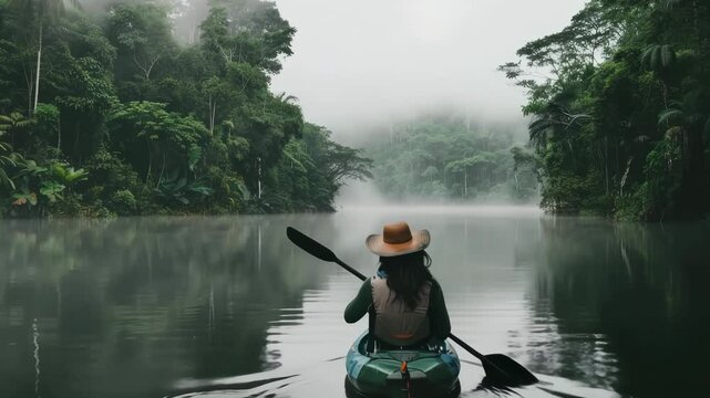 Cinematic solo kayaking adventure through misty Amazon rainforest river &ndash; peaceful wilderness exploration, morning fog, and serene jungle escape