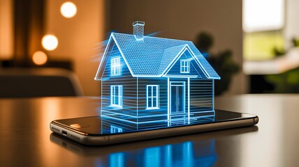 Futuristic holographic house model displayed on smartphone in modern interior
