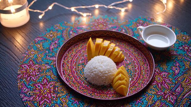 A plate of sticky rice served with ripe mango slices and coconut milk. The setting features a colorful patterned tablecloth and soft lighting.