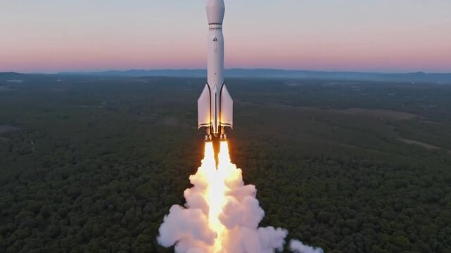 Rocket launching into space at sunset &ndash; Exploration and innovation concept