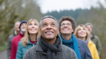Obraz premium Looking Upward: A diverse group of individuals looks upward with expressions of hope and curiosity, capturing a sense of unity and shared vision against a natural backdrop. 