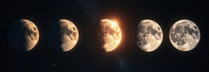 high-resolution, artistic visualization of moon phases against starry night sky, five glowing distinct lunar phases transitioning from crescent to full moon. astrology and horoscope content, zodiac
