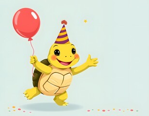 Fototapeta premium Joyful cartoon turtle celebrates birthday with a red balloon and party hat, spreading cheer