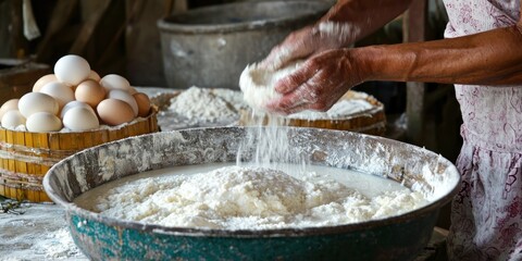 Fototapeta premium A countryside bakery where a person mixes flour and eggs with fresh milk from a local farm