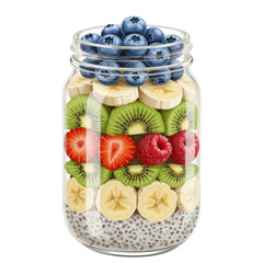 Fruit salad in a jar with chia seeds, banana, kiwi, strawberry, raspberry, and blueberries isolated on transparent background