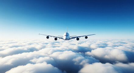 Fototapeta premium A modern passenger airplane soaring through the sky above a sea of clouds at sunset, symbolizing global travel and transportation.