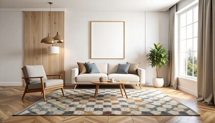 Fototapeta premium Bright Living Room Interior with Modern Furniture and Geometric Rug Design.