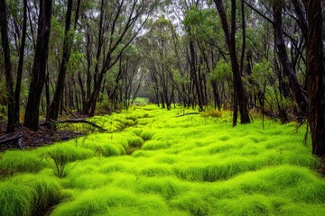 Lush green grass field in a misty forest