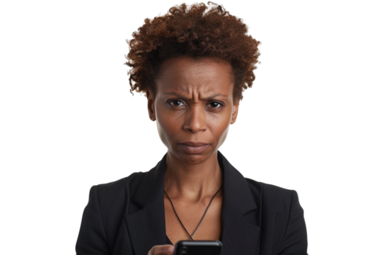 Stern Black Woman Types on Mobile. Anxious face, strong lighting shows professional use.