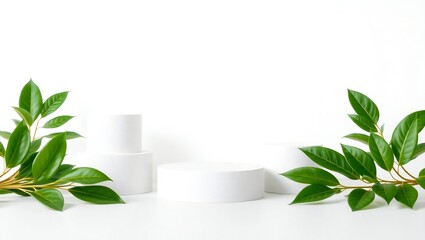 Minimalist white pedestals with lush green leaves on a clean white background