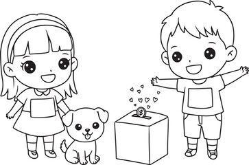Coloring Page Kawaii Donation Scene. International Charity Day September 5. 