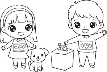 Coloring Page Kawaii Donation Scene. International Charity Day September 5. 
